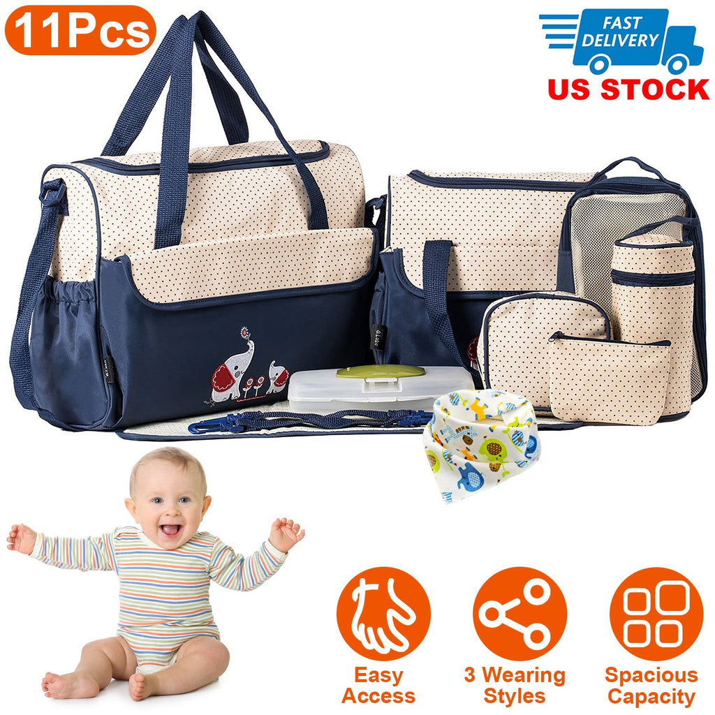 11Pcs Baby Nappy Diaper Bags Set for Mom Dad Mummy Shoulder Bags Multifunctional Diaper Handbags with Food Bag Bottle Bag Diaper Pad Burp Cloth 2 Hook