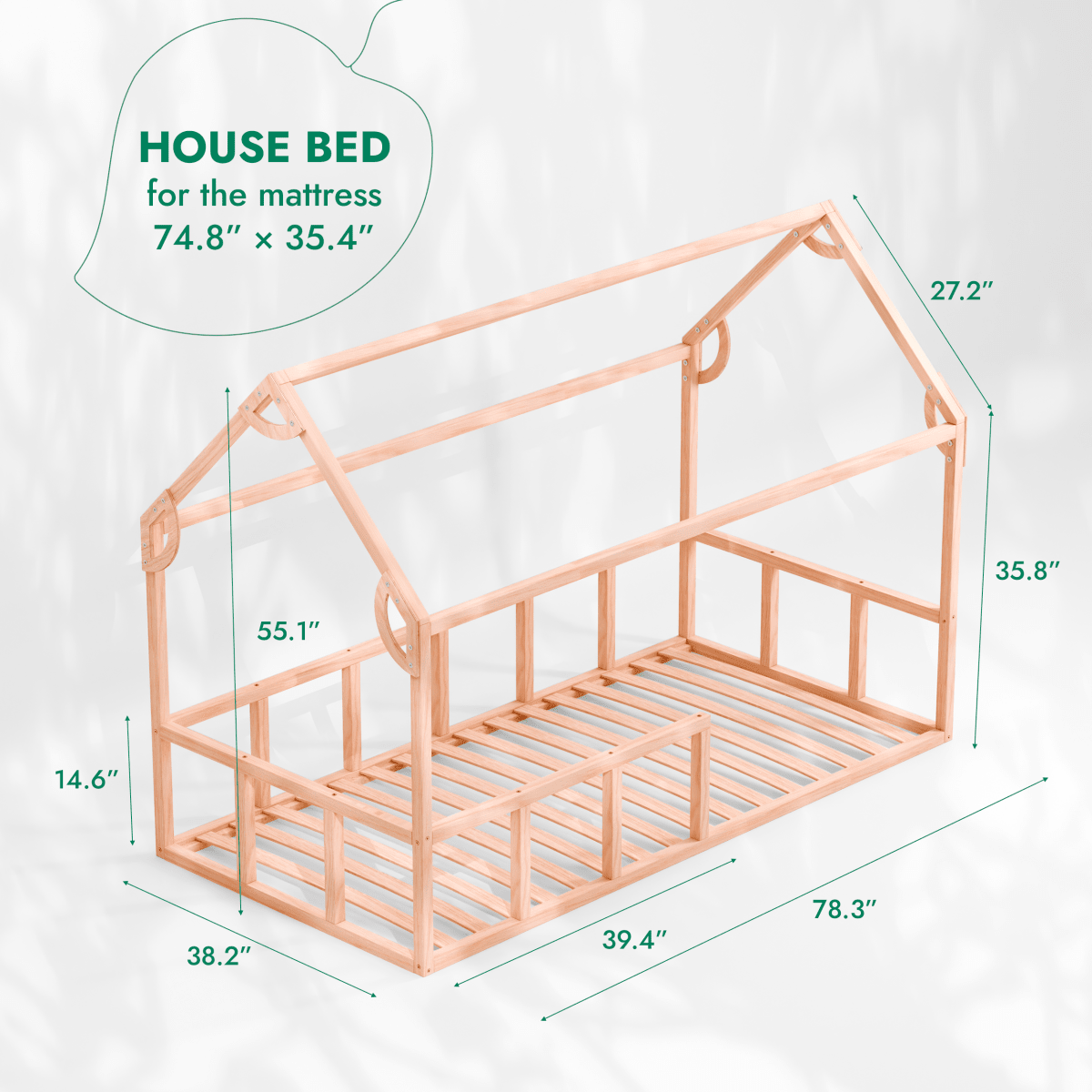 Twin Size Montessori House Bed for Kids with Fence